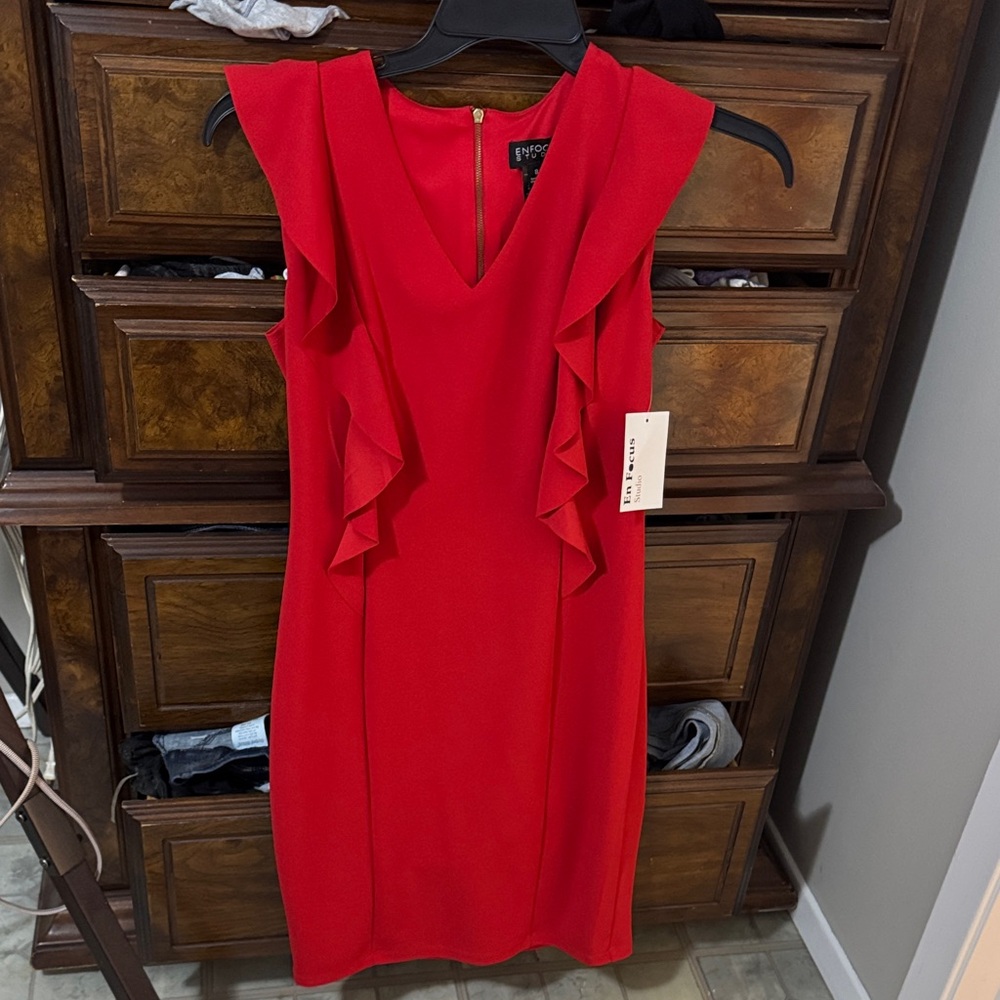 Tahari Red Ruffle Mini Dress fits like a size 12 very stretchy